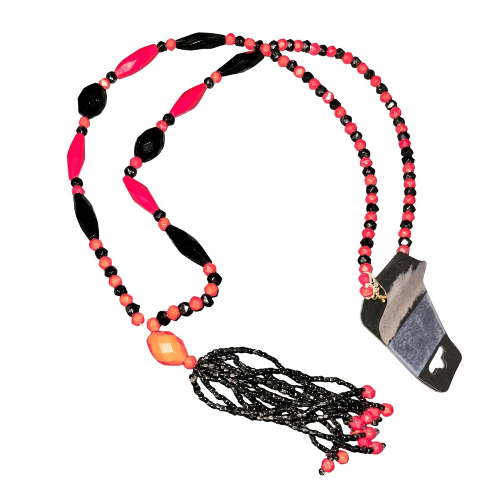 Vintage Beaded Necklace Red Black Tassel Statement Pendant  Art Deco